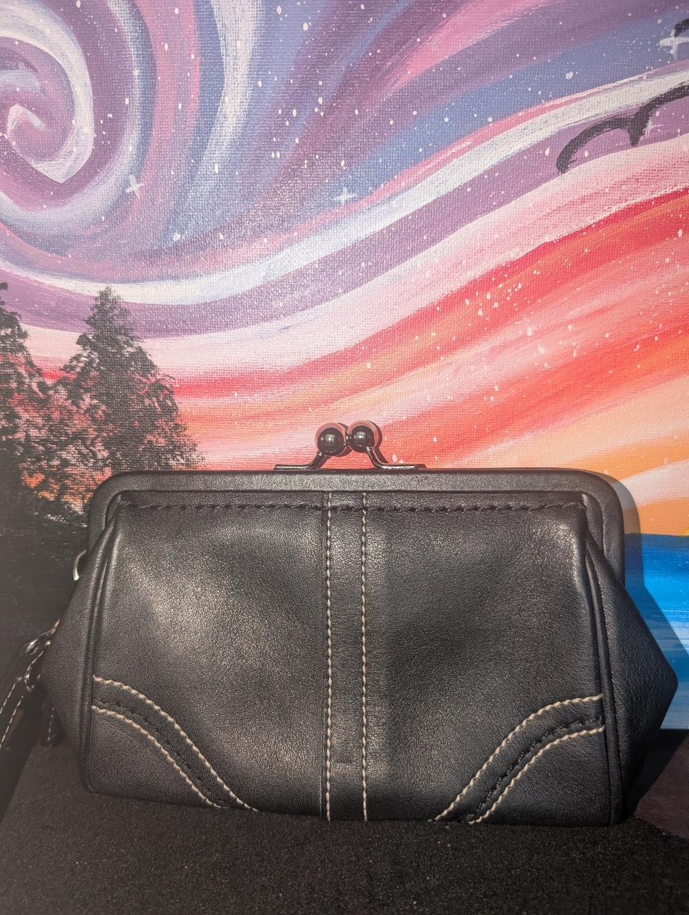 Coach Black Leather Kiss-Lock Clutch Wristlet
